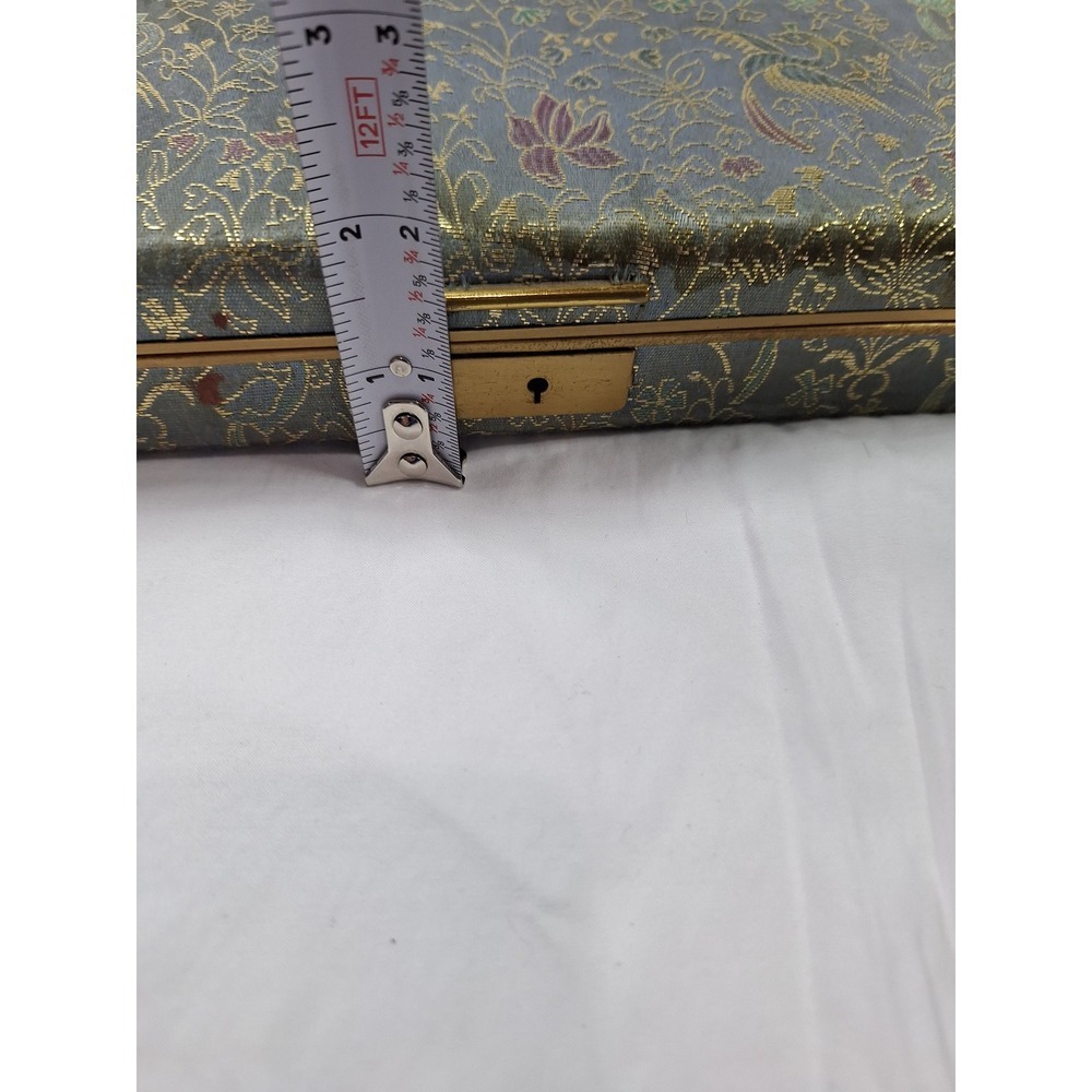 Vintage Blue Silk Brocade Jewelry Box Gold Floral Bird Pattern with Key - Picture 10 of 13